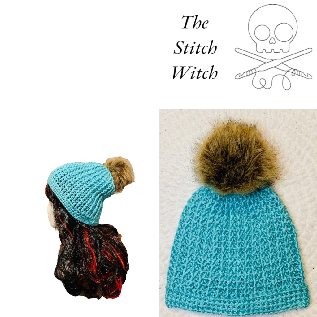 Teal Blue Crocheted Ribbed Beanie With Faux Fur Pom Pom
